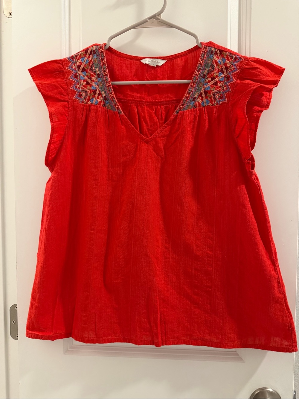 Lucky Brand Red Embroidered V-Neck Flutter Sleeve Top